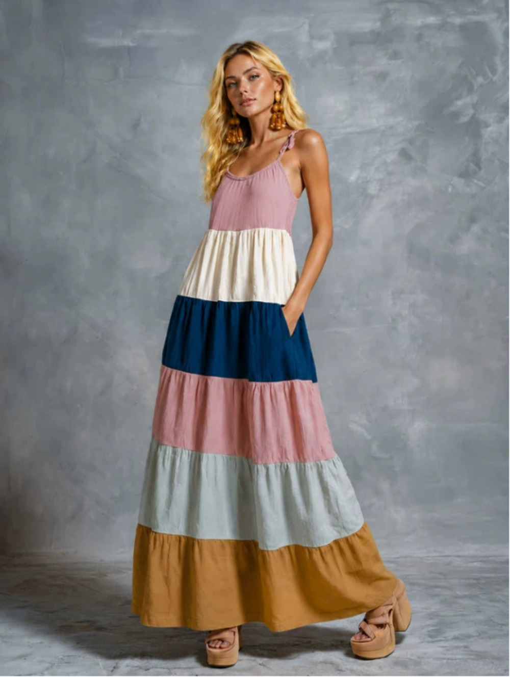 Vintage Colorful Patchwork Cotton Linen Strappy Dress